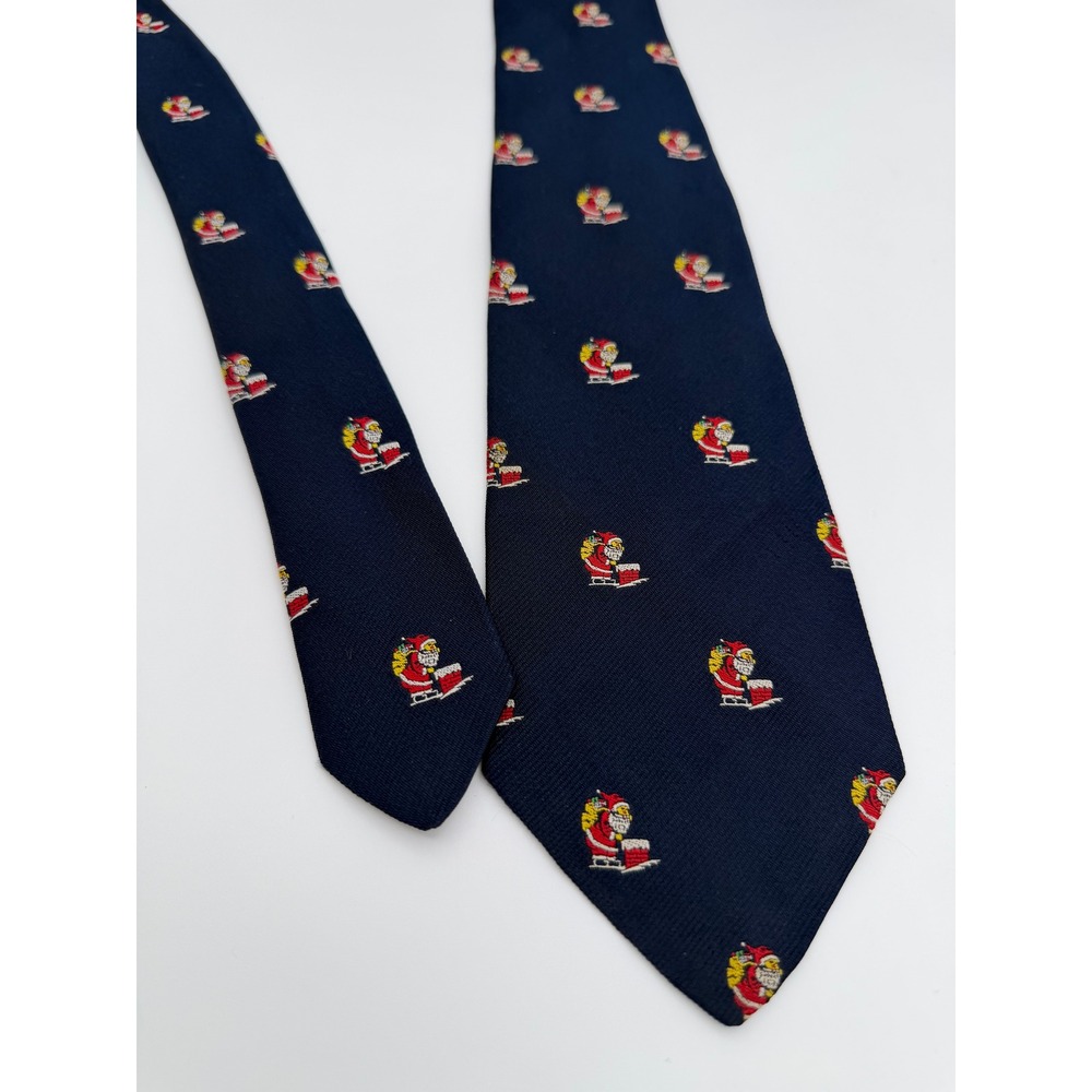 Vintage 50s Brooks Brothers Makers Silk Tie Navy Blue Santa Claus Christmas 1143